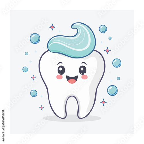 Cute smiling tooth with toothpaste and bubbles