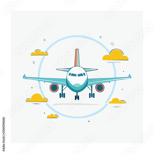 Flat design airplane flying in blue sky with sun
