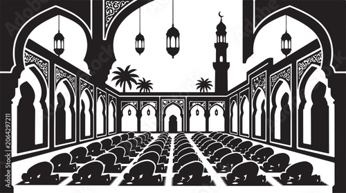 Mosque interior, Islamic architecture, prayer hall, black and white vector