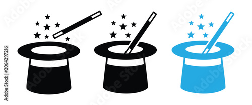Fotografie Magic Hat Icon Set – Magician Top Hat, Wand, Rabbit Trick & Abracadabra Vector C