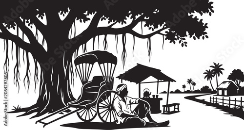 Black and white, vintage rickshaw illustration, tropical tree, Asian street scene, vector graphic