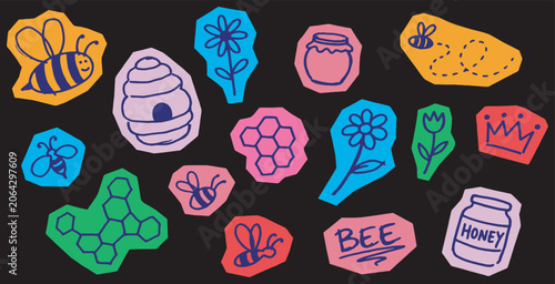 Tableau sur toile Colorful Bee and Honeycomb Cutouts on a Dark Background, a Playful and Sweet Illustration