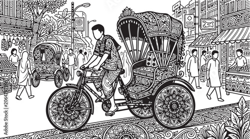 Vintage rickshaw, bicycle taxi, urban transport, black and white illustration