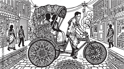 Vintage rickshaw, bicycle taxi, urban scene, black and white illustration, city transportation