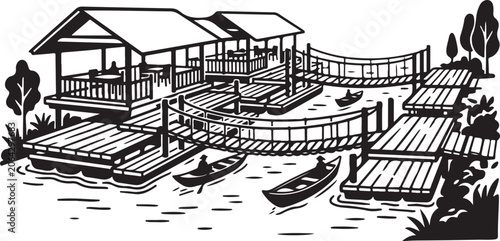 Dock, pier, wooden dock, lake house, vector illustration, black and white