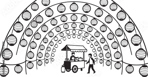 Black and white illustration of food cart, vendor, and decorative lantern archway, vector graphics