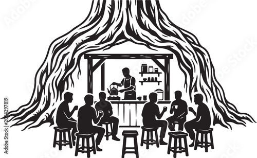 Tree Root Bar, Silhouette People Drinking, Nightlife Vector Illustration, Black and White