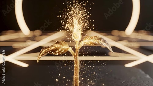 4K Abstract 3D Financial Concept of Golden Light Sprouting from Tech Grid