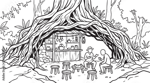 Whimsical forest cafe, tree root architecture, illustration, black and white, vector graphics