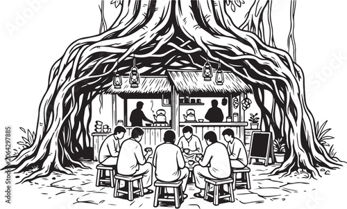 Tree Root Cafe, Outdoor Seating, Black and White Illustration, Vector Graphic