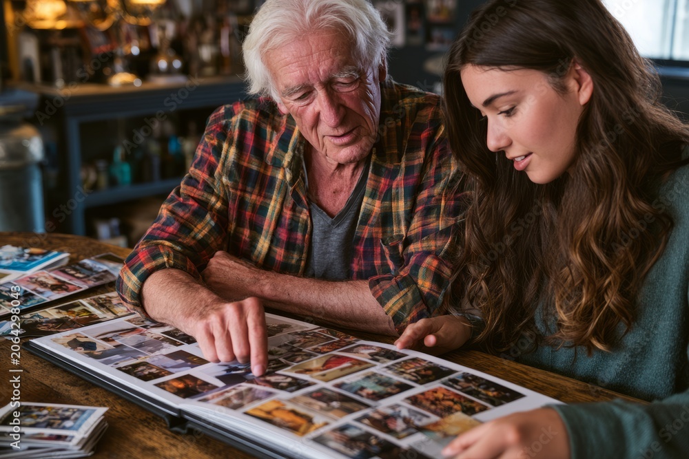 Fototapeta premium Older man and teenage girl looking through family photo album together