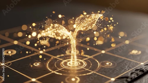 4K Abstract 3D Financial Concept of Golden Light Sprouting from Tech Grid