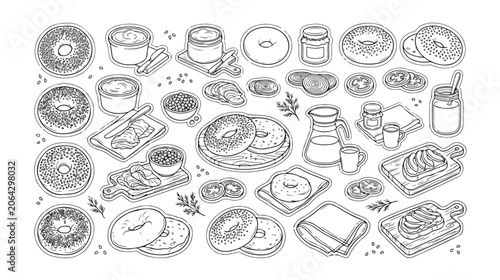 Quadro su tela Hand-drawn bagel breakfast vector set, delicious baked goods and cream cheese sp