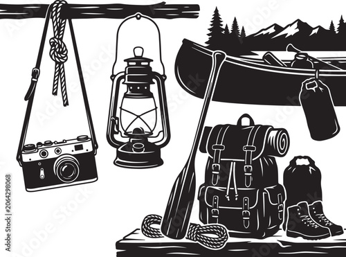 Camping gear icons, outdoor adventure equipment, hiking accessories, black and white vector