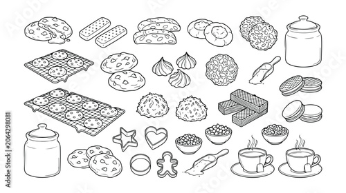 Delicious homemade cookie and pastry vector icon set, featuring baked goods, tea, and baking tools. A sweet dessert collection for cafes, bakeries, and food-related designs.