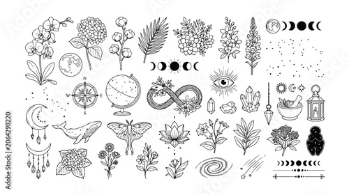 Schilderij op canvas Mystical celestial vector icon set, hand-drawn esoteric symbols, spiritual astrology elements, magical nature illustrations, witchcraft design collection for bohemian branding and decor