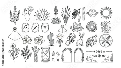Bild auf Leinwand Boho mystical vector icon set, hand-drawn celestial and botanical elements, dese