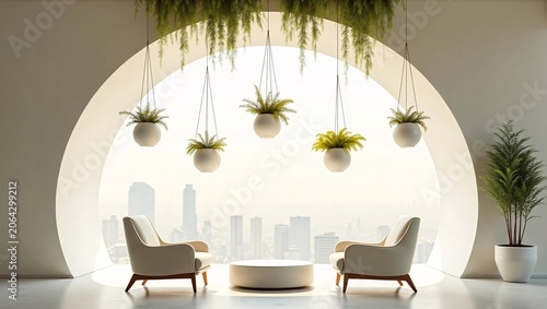 Airy minimalist lounge, huge arched city-view window, hanging plant pots and two cream armchairs