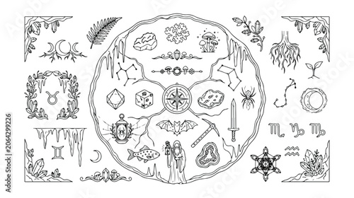 Fantasy RPG Game Asset Vector Collection, mystical adventure elements, magical lore icons, celestial zodiac symbols, and nature-inspired decorative illustrations for gaming and storytelling