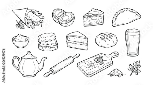 Schilderij op canvas Traditional British Food and Drink Vector Icon Set, featuring classic pub fare, bakery items, and kitchen tools
