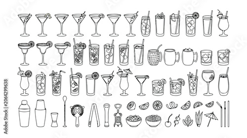 Foto Hand-drawn cocktail icons, a comprehensive vector set of bar drinks and mixology tools