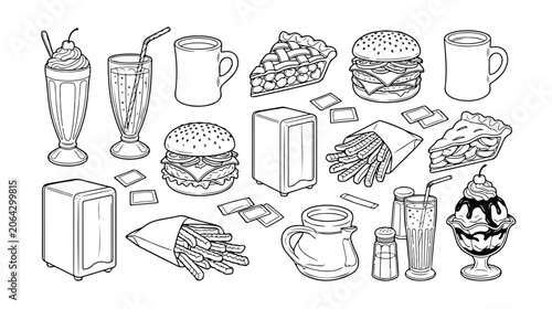 Fotografie Retro Diner Food and Drink Vector Set, Classic American Fast Food Illustrations,