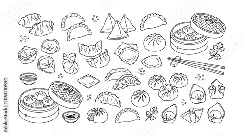 Quadro su tela Asian Dumplings Vector Set, Hand-Drawn Chinese Dim Sum Collection, Steamed Buns,