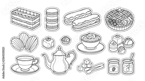 French bakery dessert vector icon set, elegant patisserie sweets collection, classic cafe treats, delicious pastries, and tea time elements for menu design and culinary projects.