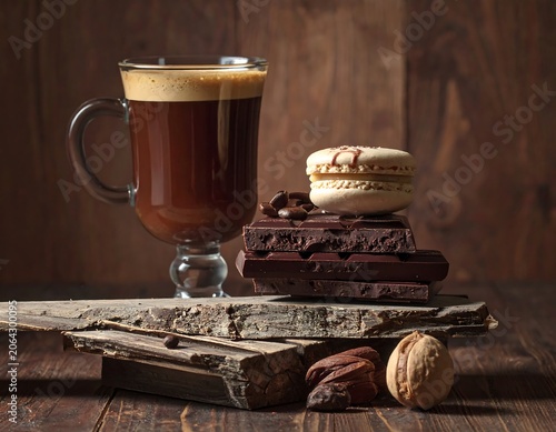 Gourmet coffee and chocolate treats on a rustic wooden table