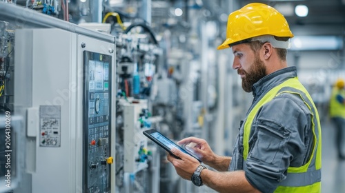 Industrial engineer monitoring automated manufacturing equipment with a digital tablet in a smart factory, optimizing production efficiency and process control.