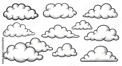 Fotografie Collection of sketchy hand drawn clouds with ink shading