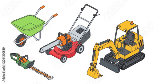 Obraz na plátně Landscaping equipment set with excavator lawn mower and wheelbarrow