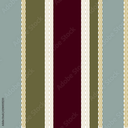 Vintage Vertical Stripe Seamless Pattern with Blue, Red, Green, and Cream. Beautiful White Lace design. Elegant Geometric Pattern for Textiles, fabric pattern, wallpaper and Wrapping Paper. Autumn and
