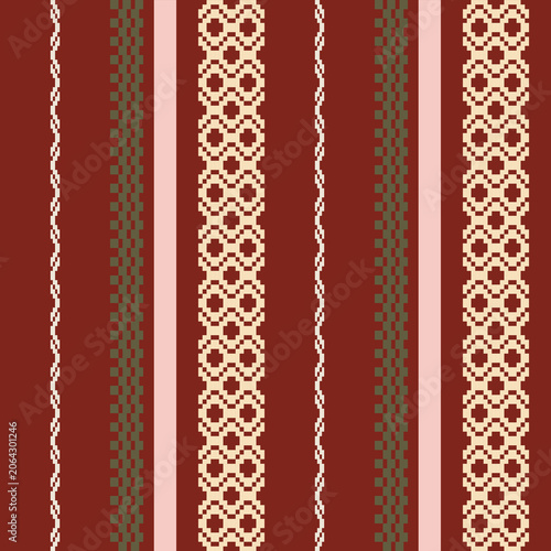 Christmas Vintage Vertical Stripe Seamless Pattern with Crimson Red, Green, and Cream. Beautiful White Lace design. Geometric Pattern for Textiles, fabric pattern, wallpaper