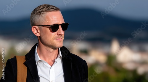 Man walks in a blazer and sunglasses under warm light with a background of soft colors and blurred shapes during the afternoon