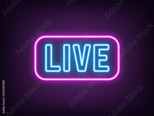 Outline neon Live text icon, magenta blue. Neon Live tag with frame. Livestream sport game, live play. Music radio on air, live broadcast interview. News and tv show on air, live podcast. Vector