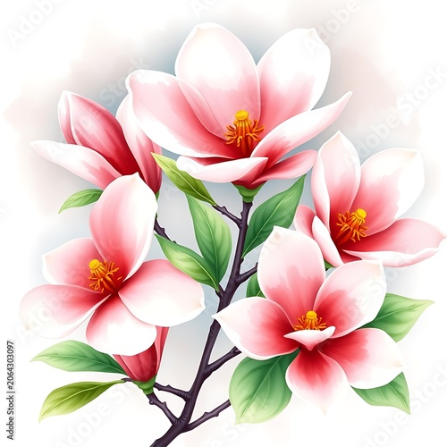 Pink magnolia flowers blossom illustration on branch with green leaves for floral design and spring season decoration magnolia illustration botanical romantic background decorative