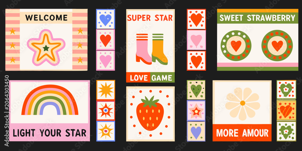 Fototapeta premium Retro Card Collection Colorful Illustrations With Decorative Elements
