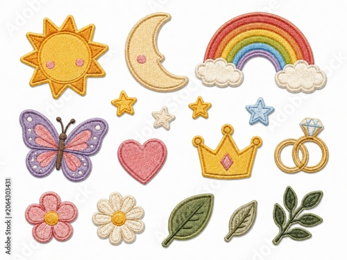 Embroidered sticker patches collection with sun moon rainbow butterfly heart crown and leaf.