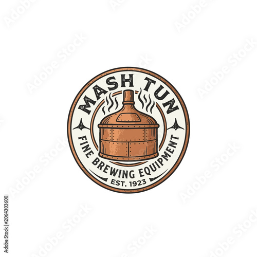 Fotografía Vintage Mash Tun Brewing Emblem Featuring A Copper‑Riveted Kettle, Rising Steam