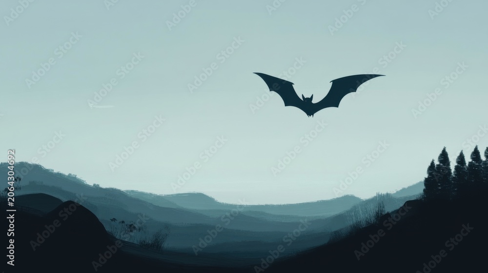 Fototapeta premium Bat Silhouette Flying Over Distant Mountains