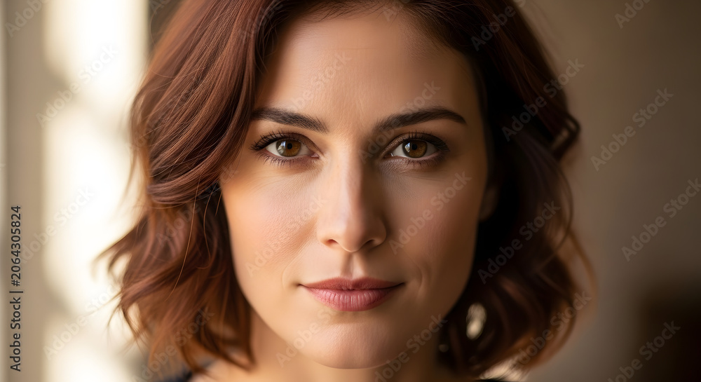 Fototapeta premium Close-up portrait of beautiful woman with warm smile and striking brown eyes looking directly at camera.