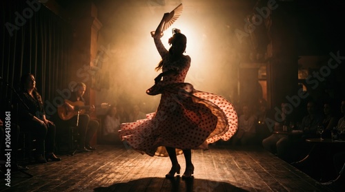 Woman flamenco dancer performing on stage in traditional dress with fan. Spanish arts culture and passionate dance movement. Live musical performance in authentic atmosphere.