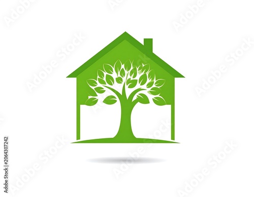 Green eco friendly house icon with leaf tree silhouette for sustainable living and environmental concept