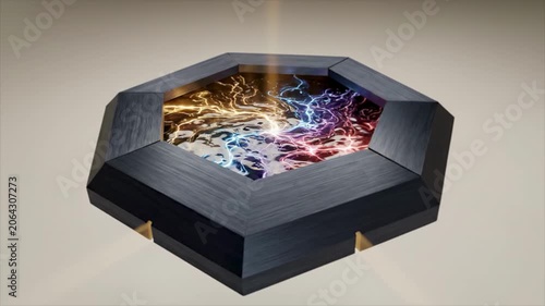 4K Abstract Minimalist 3D Metallic Shield Protecting Golden Light Core