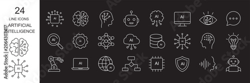 Artificial intelligence line icon set. Process automation, data recognition and analysis. AI, machine learning, generative AI, virtual assistant, robotic, brain, chatbot - stock vector.
