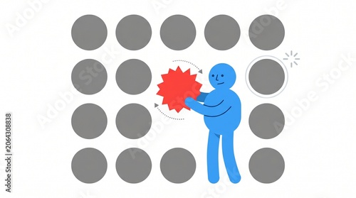 Minimalist flat vector illustration of a blue character trying to fit a red spiky shape into a grey circular grid, representing the concept of a misfit and problem solving