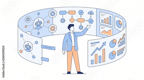 Minimalist flat vector illustration of a businessman interacting with a curved virtual dashboard showing AI integration, flowcharts, and data analytics, representing business automation