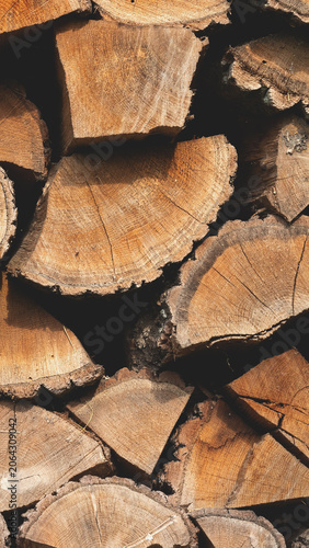 Stacked firewood logs, textured wood grain patterns for rustic home heating or construction material background