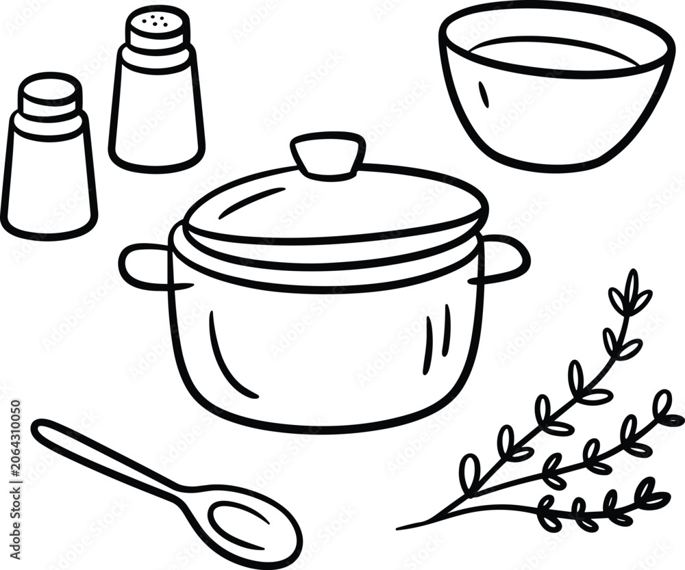Obraz premium Hand Drawn Kitchen Utensils and Ingredients for Cooking on White Background Keywords: kitchen, cooking, food, ingredients, utensils, pot, saucepan, lid, spoon, salt